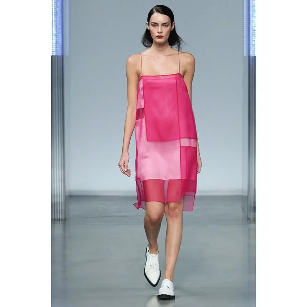Helmut Langs Silk Organza Mesh Layered Slip Mini Dress Fuchsia Pink Womens Small - Picture 2 of 7